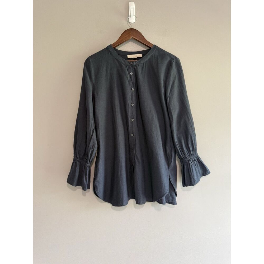 Loft Cotton Navy Top Long Sleeve Flutter Ruched Ruffle Flared Nautical Button M - Picture 9 of 15